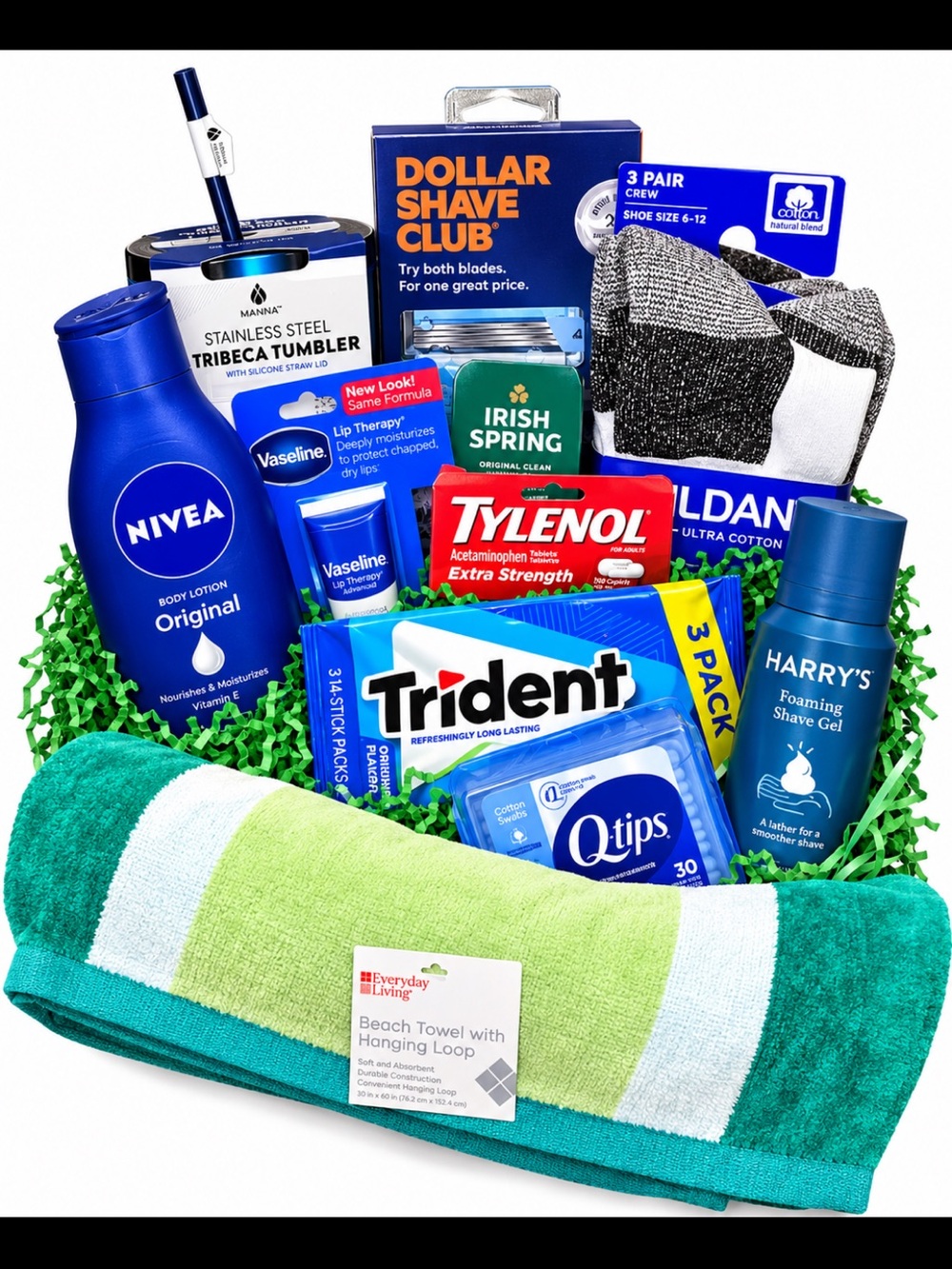 Gildan Socks & Blue-Green Beach Towel Gift Basket